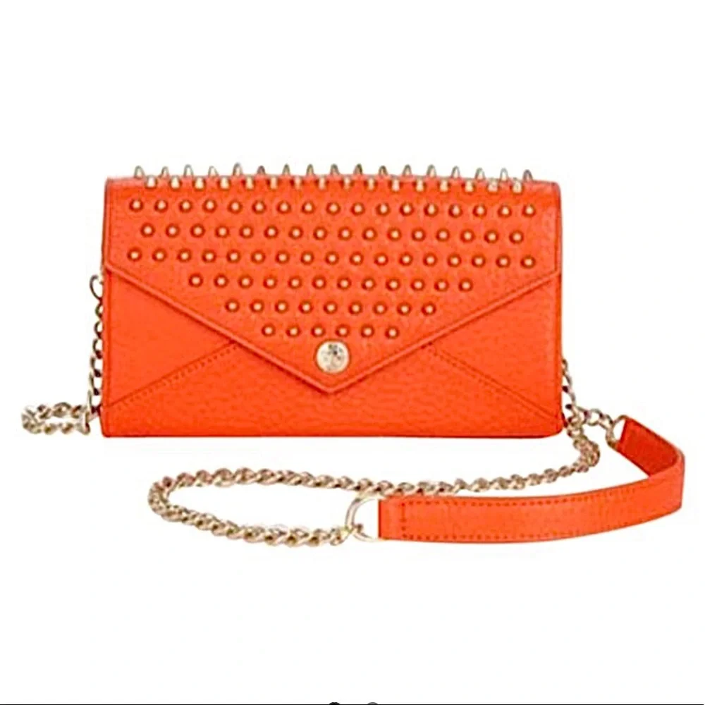Rebecca Minkoff Leather Orange Studded Spiked on a Chain Wallet Clutch Purse - Picture 1 of 6